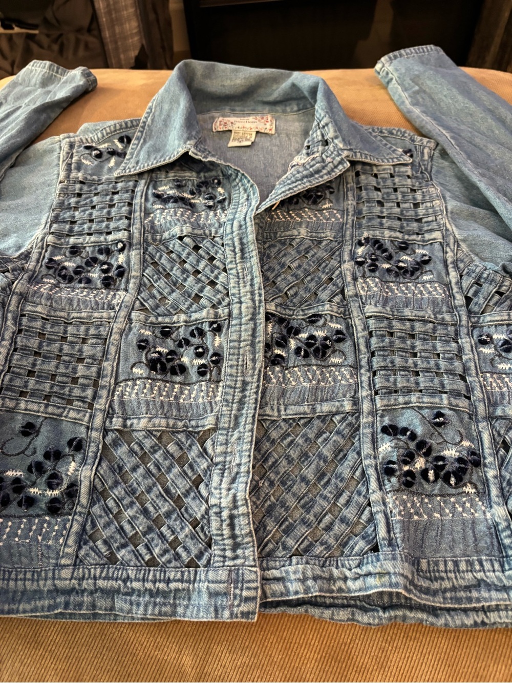 new directions Light Blue Embroidered Denim Jacket with Lattice Panels